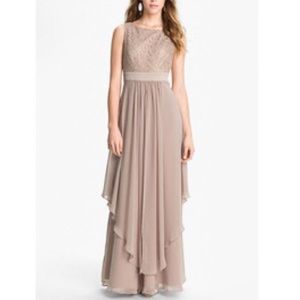 Eliza J blush rose gold chiffon lace tiered gown